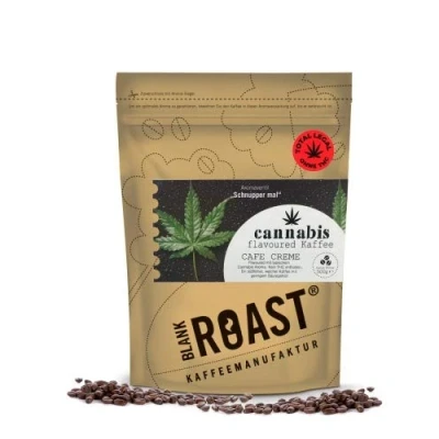 Abbildung von BLANK ROAST Cannabis Kaffee Cafe Creme Flavoured Coffee ohne THC mit Hanf Geschmack Farbe Filterfein gemahlen, Größe 500g