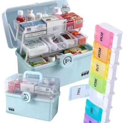 Abbildung von ZAXER Dreischichtiges Medikamentenbehältnis Tragbares Erste Hilfe Set Hausapotheke Großer Organizer Medikamentenbehälter Mit Tragegriff Blau 34 x 21 19 cm