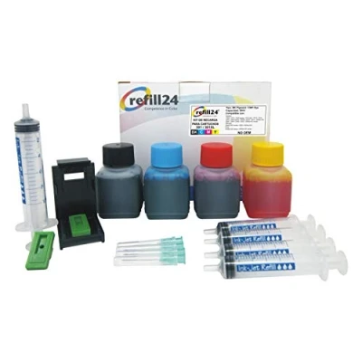 Abbildung von refill24 Nachfüllset: Nachfülltinte 200 ml kompatibel für Druckerpatronen HP 301, 301 XL Schwarz und Farbe Multipack + Zubehör Anleitung, Refillset mit Druckertinte DeskJet OfficeJet Envy
