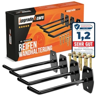 Abbildung von Upgrade4cars Reifenhalter Haken Set für 4 Felgen Reifen Wandhalterung, (bis zu 22 Zoll, Edelstahl Reifenwandhalter Aufhängung Gummiert)