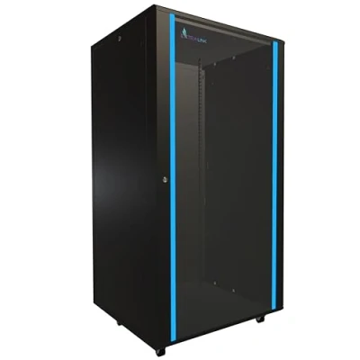 Abbildung von Netzwerkschrank 19 Zoll 32 HE 800x800 freistehend abnehmbare Seitenwände selbstmontierender Rahmen Serverschrank für Switches UPS Server gehärtetes Glas Schwarz Rack