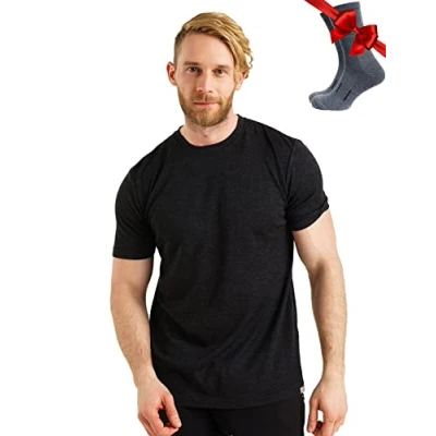 Abbildung von Merino.tech Merinowolle T Shirt Herren 100% Bio Unterhemd Leichte Basisschicht + Wanderwollsocken (Melange Black, Small)
