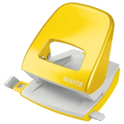 Abbildung von Leitz Büro Locher aus Metall, Für 30 Blatt, Anschlagschiene mit Formatvorgaben, Ergonomisches Design, Blister Verpackung, gelb, WOW Serie, 50082016