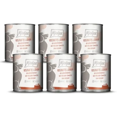Abbildung von MjAMjAM Premium Nassfutter für Hunde herzhaftes Lamm an gekochtem Reis mit frischen Tomaten, 6er Pack (6 x 800 g), naturbelassen extra viel Fleisch