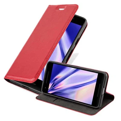 Abbildung von Cadorabo Hülle kompatibel mit Google Pixel 2 XL aus Premium Kunst Leder Flip Klappbare Stoßfeste Magnetische [Standfunktion] [Kartenfächern] Cover für Tasche in Rot