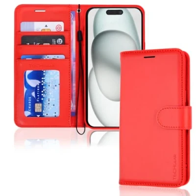 Abbildung von TECHGEAR hülle iPhone 15 Leder klappbar, PU Flip Schutzhülle Ledertasche [Brieftasche] Handyhülle mit Ständer und Handschlaufe Rot Kompatible
