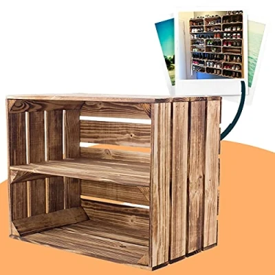 Abbildung von 6 geflammte Kisten für Schuhregal und Bücherregal flambierte Obstkiste Holzkiste Weinkiste Apfelkiste Birnenkiste mit Mittelbrett / Zwischenbrett als Regal Altes Land 50x40x30cm