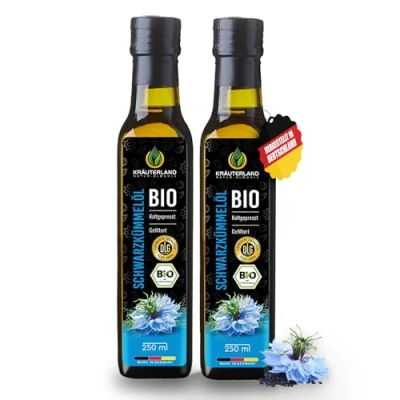 Abbildung von Kräuterland Bio Schwarzkümmelöl 2x250ml (500ml), gefiltert, schonend kaltgepresst reich an THYMOCHINON Frischegarantie: täglich mühlenfrisch direkt von unserer hessischen Ölmühle