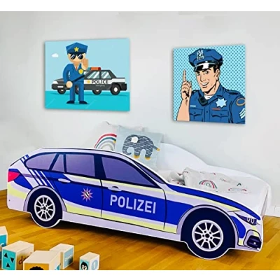 Abbildung von Kids Collective Autobett Kinderbett Jugendbett Polizei 70x140, 80x160 cm mit Rausfallschutz, Polizeiauto Polizist Kinder Spielbett, Matratze optional, 140x70