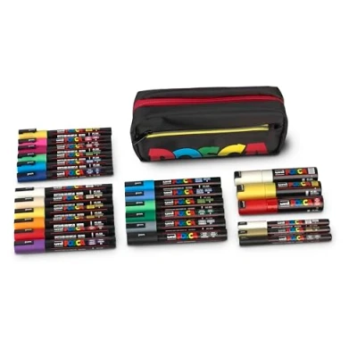 Abbildung von Faber Castell uni ball 205088 POSCA Marker Set XXL, 24 Stifte und eine Bauchtasche, für Beruf, Hobby Freizeit