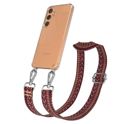 Abbildung von EAZY CASE Handykette mit verstellbarem Trageriemen kompatibel Samsung Galaxy S24 Taschengurt transparenter Handyhülle für Hülle dünner Schulterriemen in Rot Braun Silber