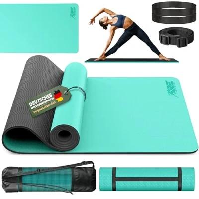 Abbildung von RE:SPORT Yogamatte mit Tragetasche Gymnastikmatte rutschfest Fitnessmatte schadstofffrei Trainingsmatte Tragegurt Phthalatfrei 183 x 61 0,6 cm