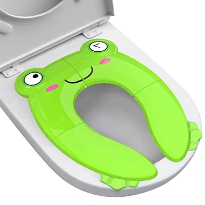Abbildung von Tragbarer Töpfchensitz für Kleinkinder, Reisen, faltbar, rutschfest, Töpfchentraining, Toilettensitzbezug Jungen und Mädchen, Baby, Kinder, mit Tasche Kordelzug (grüner Frosch)