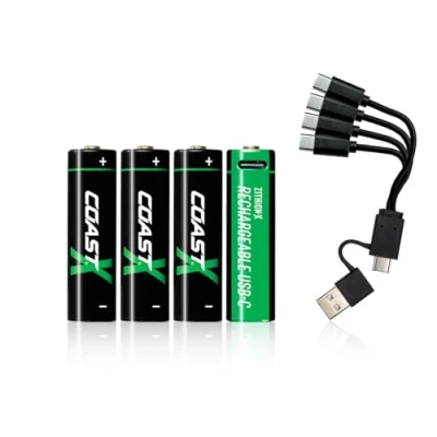 Abbildung von Coast AA 1,5V USB C Akkus, ZITHION X, Lithium Ionen 2400 mAh, Lädt in 2,5 Stunden, Langlebig, Ladekabel Inklusive, 4er Pack