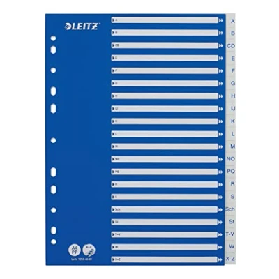 Abbildung von Leitz Register für A4, Deckblatt aus Karton und 20 Trennblätter Kunststoff, Taben mit alphabetischem Aufdruck A Z, Blau/Weiß, 12536001