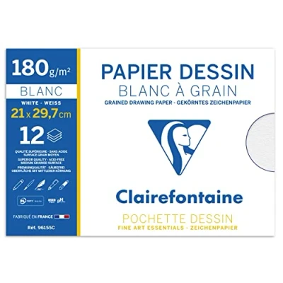 Abbildung von Clairefontaine 96155C Mappe Zeichenpapier (180 g, 21 x 29,7 cm, 12 Bögen, ideal für Kunstunterricht, geleimt) weiß