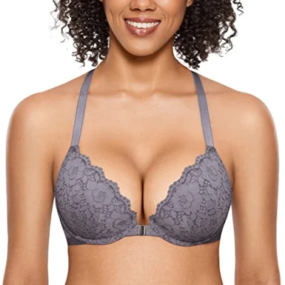 Abbildung von DOBREVA Damen Vorderverschluss BH mit Bügel Push Up Spitzen Neckholder BHS Racerback Tiefer Ausschnitt Gepolsterter graues Eisen 75C