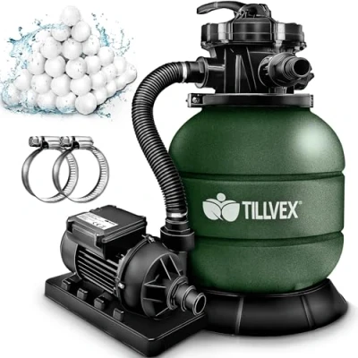 Abbildung von tillvex® Sandfilteranlage Pool 7.900L/h inkl. 400g Filterbälle Filteranlage 7 Wege Ventil &amp; 2in1 Adapter Ø32mm 38mm Poolfilter mit Druckanzeige Sandfilter für Schwimmbecken (Grün)