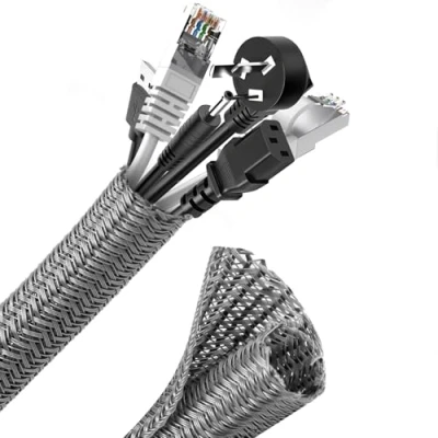 Abbildung von Romon 3m Kabelschlauch, 13 22mm Zuschneidbar Kabelkanal Selbstschließend, Flexibler Gewebter Kabelmantel, Spiralschlauch für TV PC Heimkino Automobilkabel, Kabelmanagement Bissfest Hund Grau