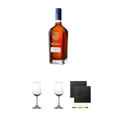 Abbildung von Metaxa 12* Sterne 12 Jahre alt 0,7 Liter + 2 Bugatti Nosing Gläser mit Eichstrich 2cl und 4cl Schiefer Glasuntersetzer eckig ca. 9,5 cm Ø
