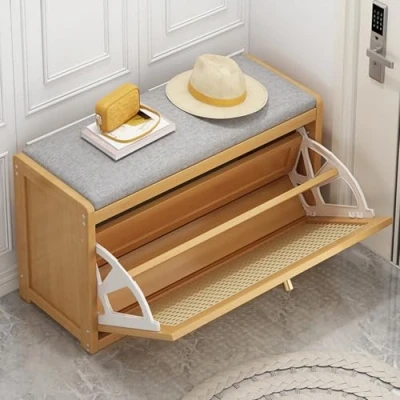 Abbildung von Schuhbank Mit Sitzfläche Schuhregal Schuhschrank Sitzbank Flur Garderobenbank Polsterbank Aus Holz Und Rattan Verstellbarem Regal, Sitzbank, Für Schlafzimmer(Natura