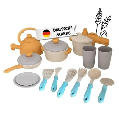Abbildung von alldoro Spiel Kochgeschirr 60425, Set für Kinder, 14 Teile, ecofriendly aus Kunststoff Weizenstroh Mix