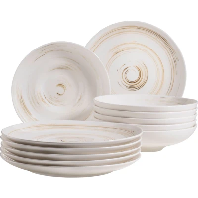Abbildung von MÄSER 931605 Serie Derby Premium Tafelservice für 6 Personen in Gastronomie Qualität, 12 teiliges modernes Teller Set mit Handpinseleffekt, Weiß, Durable Porzellan