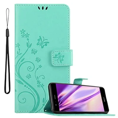 Abbildung von Cadorabo Hülle kompatibel mit Huawei P10 LITE Blumen Design aus Kunst Leder Flip Klappbare Stoßfeste Magnetische [Standfunktion] [Kartenfächern] Cover für Tasche in Türkis
