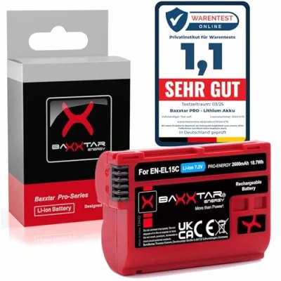 Abbildung von Baxxtar EN EL15c 2600mAh Kamera Akku (EN EL15b EL15) kompatibel mit Nikon Z5 Z6 II Z7 Z8 Zf etc.