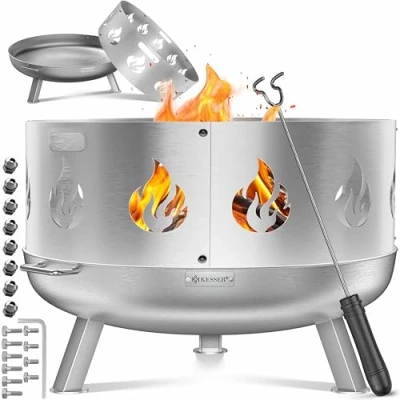 Abbildung von KESSER® Feuerschale mit Funkenschutz Ø60cm Feuerkorb aus legiertem Stahl Feuertonne inkl. 42cm Feuerhaken Gusseisen, Wasserablauf &amp; 2 stabile Griffe Holz Kohle Feuerstelle für Lagerfeuer