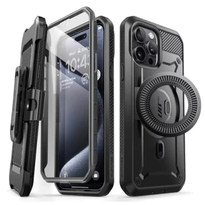 Abbildung von SUPCASE Unicorn Beetle Pro Mag Hülle für iPhone 15 Max 6,7 Zoll, kompatibel mit MagSafe, robuste Vollabdeckung integriertem Displayschutz, Ständer und Gürtelclip (Schwarz)