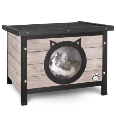 Abbildung von VOUNOT® Katzenhaus aus Holz, Wetterfestes Katzen Haus mit Schwingtür im Katzenohren Design &amp; höhenverstellbaren Füßen, Katzenhütte für draußen, Grau, 57 x 45 43 cm