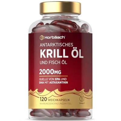 Abbildung von Krillöl Kapseln Hochdosiert 2000mg Omega 3 340mg EPA/DHA mit 600 mcg Astaxanthin Antarktis Krill Alternative zu Lebertran 120 Stück von Horbaach