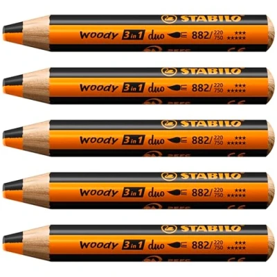 Abbildung von duo Buntstift, Wasserfarbe &amp; Wachsmalkreide STABILO woody 3 in 1 zweifarbige Mine 5er Pack orange/schwarz