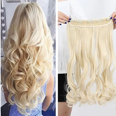 Abbildung von SEGO 61cm Haarteil Clip in Extensions 1 Tresse 5 Clips Haarverlängerung Human Hair wie Echthaar Gewellt Gebleichtes Blond 24&quot;(61cm) 120g