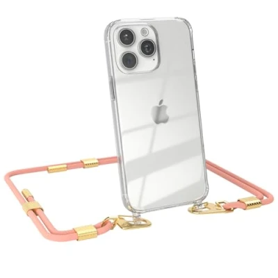 Abbildung von EAZY CASE Handykette mit Karabiner kompatibel iPhone 15 Pro Max Hülle Silikon transparente Handyhülle für Kette zum Umhängen Schutzhülle in Korall Clips Gold