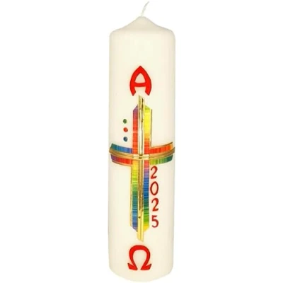Abbildung von Kopschitz Kerzen Osterkerze Regenbogenkreuz, A und O, Jahreszahl 270 x Ø 70 mm