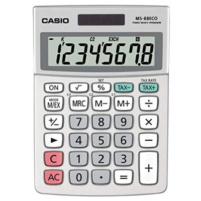 Abbildung von Casio Tischrechner MS 88ECO, 8 stellig, umweltfreundlich, Währungsumrechnung, Aluminiumfront, Solar /Batteriebetrieb, farbe