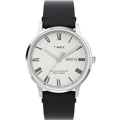 Abbildung von Timex Waterbury Herren Armbanduhr, 40 mm, schwarzes, zweiteiliges Lederarmband mit Schnellverschluss, weißes Zifferblatt, Edelstahlgehäuse TW2W15000