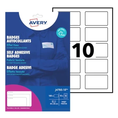 Abbildung von Avery 150 Namensschilder bedruckbar für Textilien, aus weißem Polyester, Format 80 x 50 mm, Tintenstrahldruck, (J4785 15)