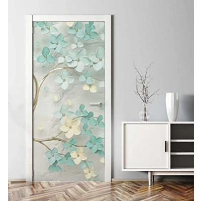 Abbildung von MyMaxxi Tür bekleben mit Türtapete Selbstklebend 90x200 Abstrakt blühender Baum verschönern Türfolie Türaufkleber XXL Aufkleber Folie Türposter Türklebefolie Blüten Blumen Weiss türkis