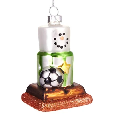 Abbildung von BRUBAKER Schneemann mit Fussball Handbemalte Weihnachtskugel aus Glas Mundgeblasener Christbaumschmuck Figuren lustig Deko Anhänger Baumkugel 9 cm