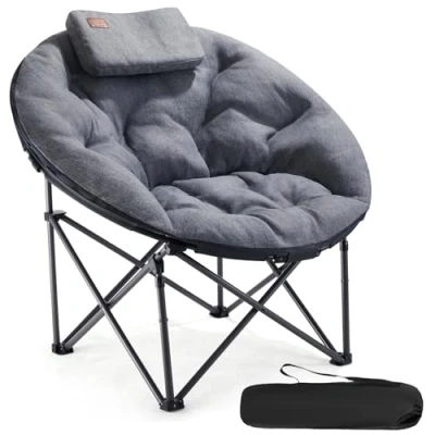 Abbildung von EVER ADVANCED Luxus Moonchair XXL Campingstuhl Faltbar 150KG Belastbar Rund Klappstuhl Dick Gepolstert, Übergroßer Campingsessel mit Kissen, Extra Breit für Outdoor Camping Garten Balkon Indoor, Grau