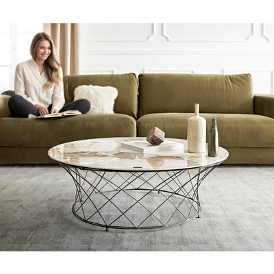 Abbildung von Couchtisch Lassina 100x100 cm Keramik Minas Melange Weiß Beige Gestell Metall Effektfinish Titan