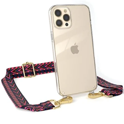 Abbildung von EAZY CASE Handykette Verstellbarer Trageriemen kompatibel mit iPhone 12 Pro Max, Schulterriemen, Handykordel Case, DIY Gürteltasche Hülle, Pink/Blau Metallstücke Gold