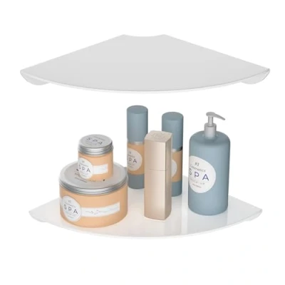 Abbildung von Sezanrpt 24x24CM Acryl Ecke Floating Regal Set von 2, Weiß Wand für Home Decor, Lautsprecher, Sicherheitskameras, Toiletten, Pflanzen, Figuren, Kosmetik, Bücher