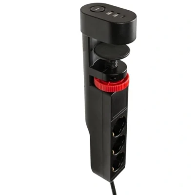 Abbildung von FeinTech MD833 Tischsteckdose klemmbar 3 Fach Steckdose mit 2X USB und 1x C PD (20W), Steckdosenleiste Schreibtisch Schalter, 3m Kabel, schwarz