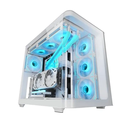 Abbildung von MARSGAMING MC Fusion, Gaming ATX Gehäuse, Seitliches Fenster und Gebogenes Frontglas aus Gehärtetem Glas, PC Midi Tower Doppelkammer, Flüssigkeitskühlung Unterstützung, Optimierter Innenraum, Weiß