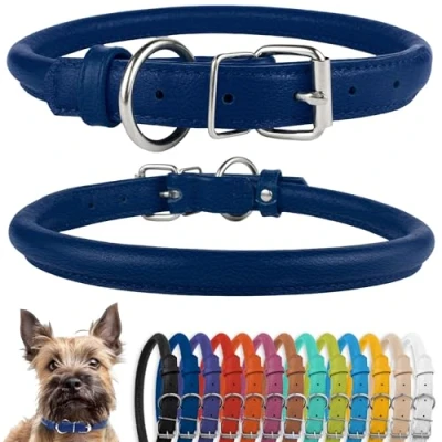 Abbildung von CollarDirect Rundes Leder Hundehalsband, weich gepolstert gerollt, handgefertigtes Echtleder Halsband für Hund Welpe Katze Klein Groß Schwarz Rosa Rot Lila Blau