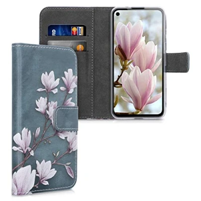 Abbildung von kwmobile Wallet Case kompatibel mit Google Pixel 4a Hülle Cover Ständer und Kartenfächern Magnolien Taupe Weiß Blaugrau
